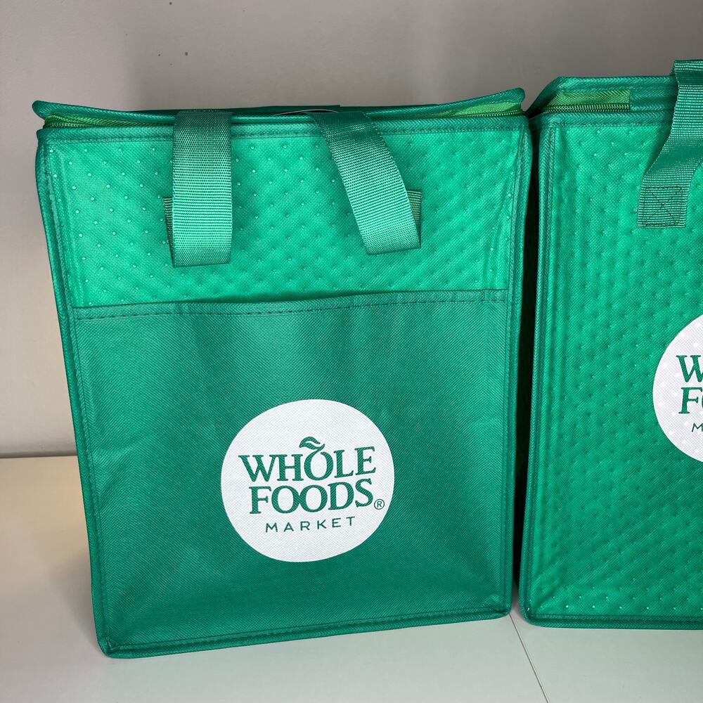 Set of 2! Whole Foods Market Green White Insulated Hot Cold Cooler Tote Bag NEW! - Picture 3 of 15